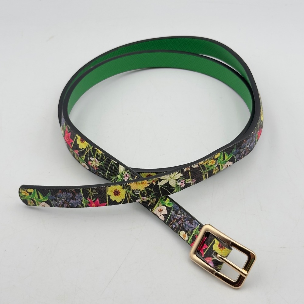 Floral Skinny Belt Black Green Botanical Gold Buckle M Cottagecore Spring Garden